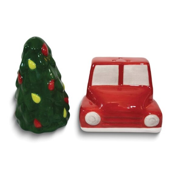 Green Christmas Tree & Classic Red Truck Ceramic Salt and Pepper Shaker gift set - Picture 4 of 5